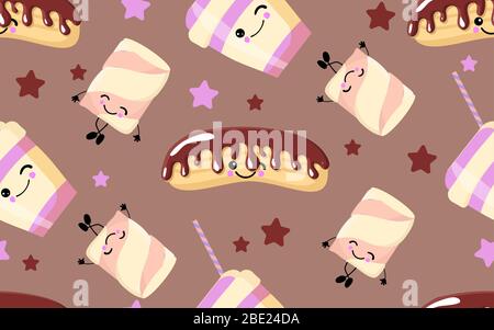 Cute seamless background with eclairs and marshmallows. coffee color. Stock Vector