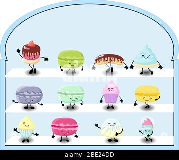 Bakery shop vitrine freezer with cakes and pastry. . Stock Vector