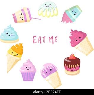 Set of kawaii food - sweets or desserts on white background, cute characters for print, cards. Donut, cake, bun, candy, cotton candy, cup of tea are Stock Vector