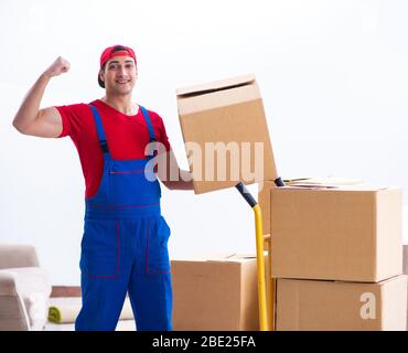 The contractor worker moving boxes during office move Stock Photo