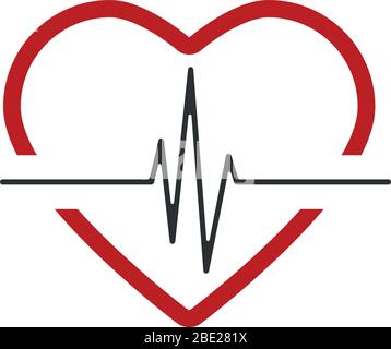 Heartbeat line with Heart red. Heart beat line black icon with red heart in linear design, isolated on white background. Pulse trace in modern flat style. Vector eps 10 Stock Vector