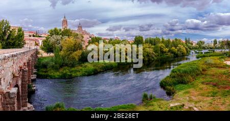 Beautiful picturesque panoramic view of the Salamanca Cathedral and landscape over Tormes river. Spain. Stock Photo