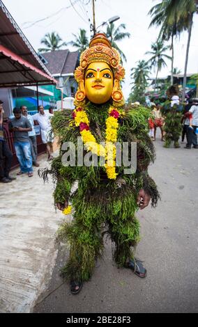 traditional kummatti folk dance performers during onam celebration,thrissur,kizhakkumpattukara kummatti,kerala,onam festival,india,pradeep subramanian Stock Photo