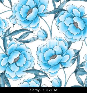 Peony flowers seamless pattern. Beautiful floral background Stock Photo