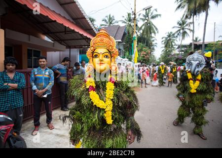 traditional kummatti folk dance performers during onam celebration,thrissur,kizhakkumpattukara kummatti,kerala,onam festival,india,pradeep subramanian Stock Photo