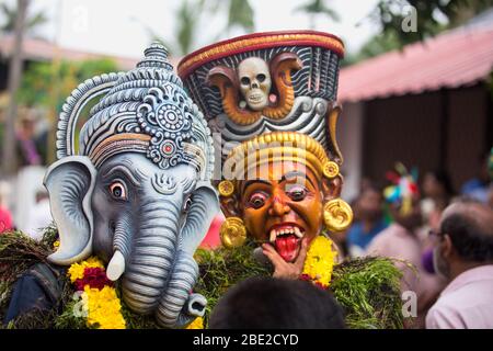 traditional kummatti folk dance performers during onam celebration,thrissur,kizhakkumpattukara kummatti,kerala,onam festival,india,pradeep subramanian Stock Photo