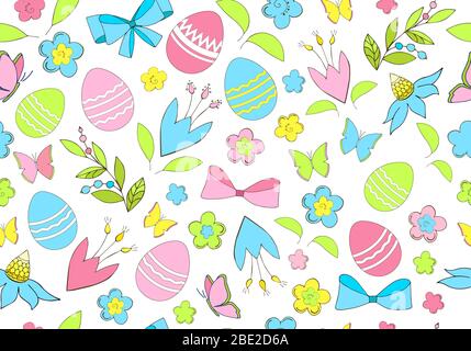 Happy Easter. Modern childish cute hand drawn vector seamless pattern in positive spring colors. Endless texture with flowers, leaves, decorated Stock Vector