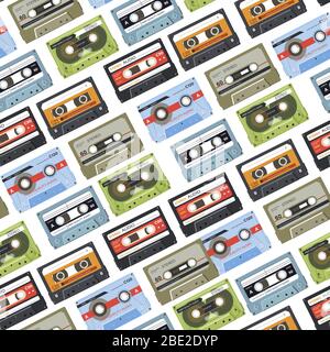 Cassette with music, tapes with audio seamless pattern Stock Vector