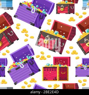 Chest filled with treasures and gold, treasury pattern Stock Vector