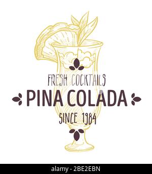 Pina colada fresh cocktail alcoholic beverage label vector Stock Vector