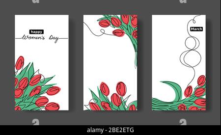 Women s day vector set of cards. Social media stories templates with tulips. March 8 minimalistic simple card set. Stock Vector