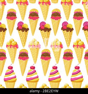 Ice cream in waffles, frozen dessert seamless pattern Stock Vector