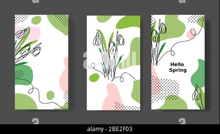 Hello Spring social media stories, templates. Snowdrops flower vector set. Social media card for posts Stock Vector