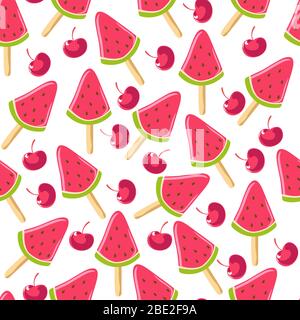 Ice cream with watermelon and cherry taste seamless pattern Stock Vector