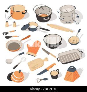 Kitchenware and dishes for kitchen, set of culinary items Stock Vector