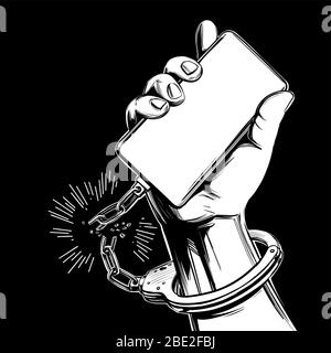 hand handcuffed to a smartphone with a broken chain, release from social media addiction,, digital technology icon hand drawn vector illustration Stock Vector