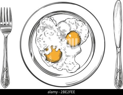 Breakfast, eggs on a plate, knife and fork, hand drawn vector illustration realistic sketch Stock Vector
