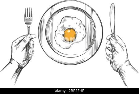 Breakfast, eggs on a plate, hands holding a knife and fork, hand drawn vector illustration realistic sketch Stock Vector