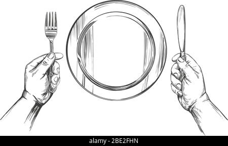 empty plate, hands holding a knife and fork, time to eat, hand drawn vector illustration realistic sketch Stock Vector