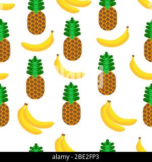 Pineapple and banana tasty tropical fruits, seamless pattern Stock Vector