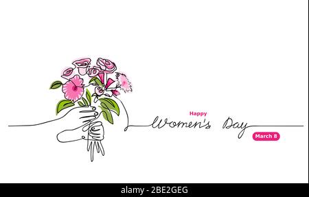 Bouquet s vector sketch. Happy Women s day lettering. March 8 greeting for web background, banner. One continuous line drawing of flower bouquet. Stock Vector