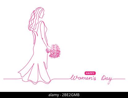 Woman pink line sketch. March 8 background. Happy women s day one continuous line drawing. Beautiful woman with bouquet. Stock Vector
