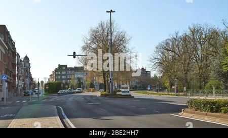 Brussels, Belgium - April 07, 2020: The Lambermont Boulevard at Brussels without any people and car during the confinement period. Stock Photo