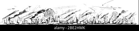 Vector cartoon rough and sketchy drawing conceptual illustration of long horizontal city skyline in war,attack or disaster, high commercial and residential buildings in smoke and fire. Stock Vector