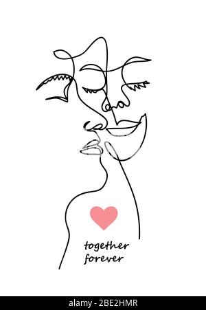 Simple faces, portraits, romantic concept. Together forever vector illustration. One continuous line drawing. Stock Vector