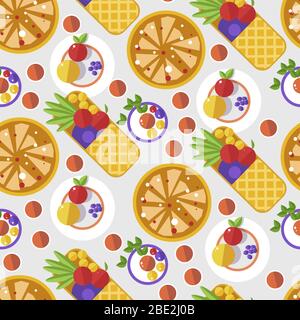 Waffles with fruits and decoration, served dessert seamless pattern Stock Vector