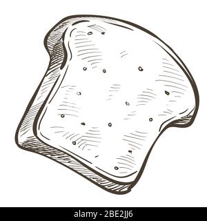 Slice of bread or bun, bakery monochrome sketch outline Stock Vector