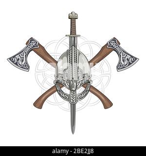 Viking helmet, crossed viking axes and in a wreath of Scandinavian pattern Stock Vector