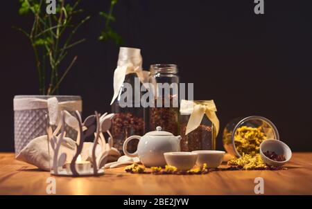 Chrysanthemum tea in Chinese teapot cups Stock Photo