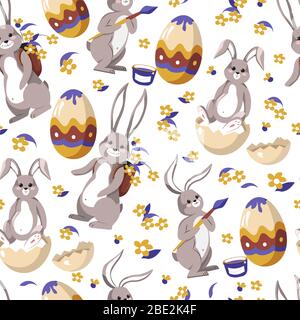 Eater bunny painting egg, rabbit with paintbrush seamless pattern Stock Vector