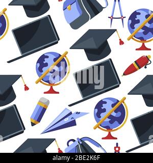 Graduation hat, pen and laptop with globe seamless pattern Stock Vector