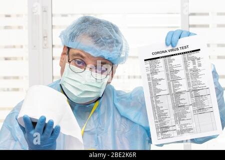 Doctor in protective suit holding a laboratory blood test results of corona virus and offers toilet paper. The Laboratory examination of blood with a Stock Photo