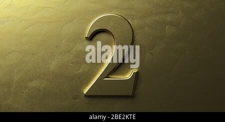 Two, number 2. Gold color glossy digit 2 on golden metal luxury background. Character font for anniversary, party celebration. 3d illustration Stock Photo