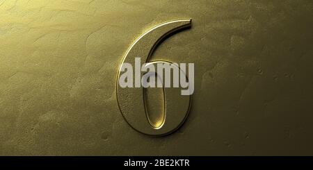 Six, number 6. Gold glossy color digit 6 on golden metal luxury background. Character font for anniversary, party celebration. 3d illustration Stock Photo