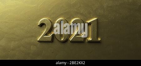 2021 New year, prosperous and wealthy. Number 2021 gold on golden background. Shiny sign, business greating card. 3d illustration Stock Photo