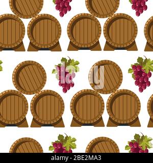 Wine brewery, barrels and grapes seamless pattern vector Stock Vector