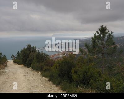 Panoramic view from a mountain pathway in Varazze, Madonna della Guardia Stock Photo