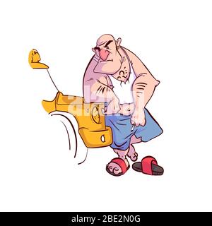 Colorful vector illustration of a grumpy bald taxi driver with a cigarette Stock Vector