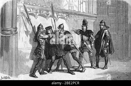 'Arrestation du batard de Rubempre, mercenaire, dans le palais de Charles le Temeraire a Gorcum, en Hollande, en septembre 1464, mettant fin a un comp Stock Photo