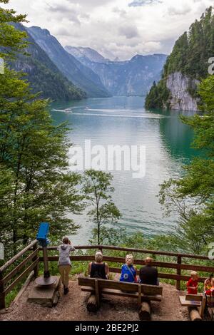 View looking along Königssee, a natural lake in Berchtesgaden, Bavaria, Germany. Stock Photo