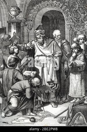 L'empereur Charlemagne (742-814) fondateur de l'ecole rencontre des enfants' (Emperor Charlemagne meets children, his interest in education and learni Stock Photo