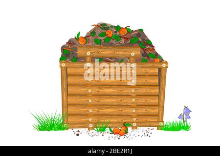 Compost wooden box isolated on white background. Compost pile with soil, earthworm and organic waste. Zero waste. Organic fertilizers. Stock vector Stock Vector