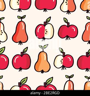 Cute Felt Tip Pen Apple and Pears Fruits Vector Seamless Pattern Stock Vector
