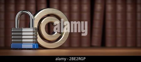 Copyright symbol with padlock on law books background. Intellectual property protection concept. 3d illustration Stock Photo