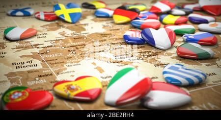 Map of Europe  and hearts with flags of european countries. Travel  and tourism to European Union EU concept. 3d illustration Stock Photo