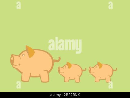 Vector illustration of mother pigs leading piglets on green background Stock Vector
